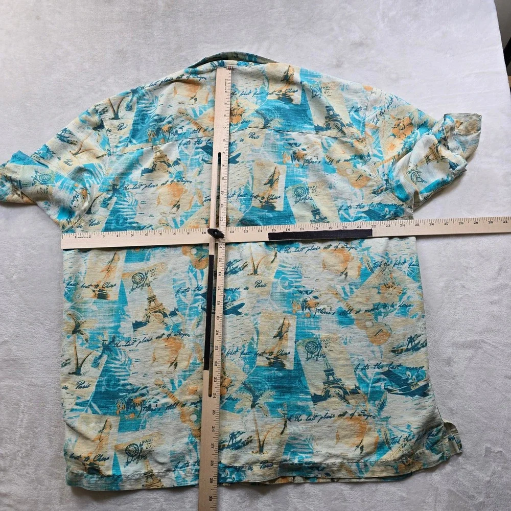 Margaritaville Silk Shirt Mens XL Blue Tropical Travel Eiffel Tower Button‎ Down